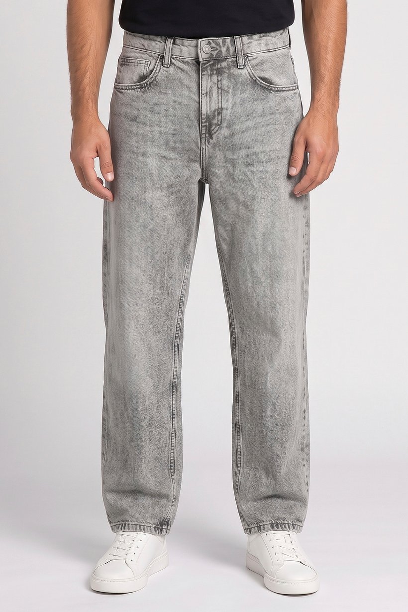 Men Baggy Fit Washed Non Stretchable Jeans, Light Grey