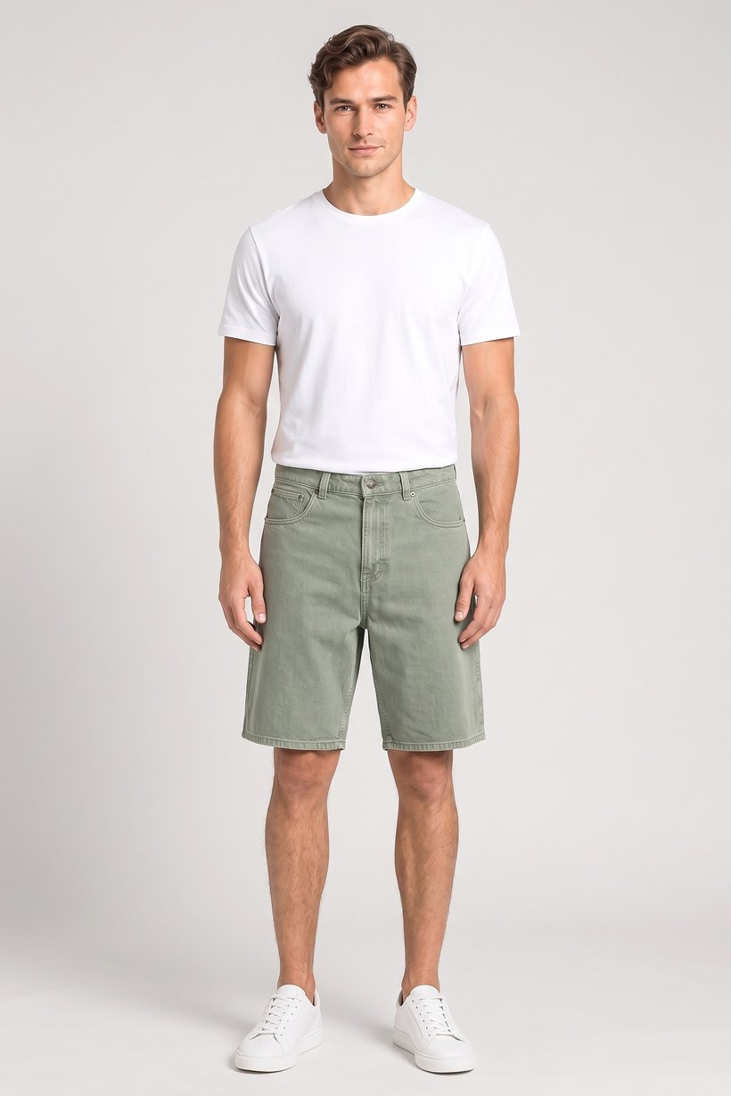 Men Solid Long Denim Shorts, Sage Green
