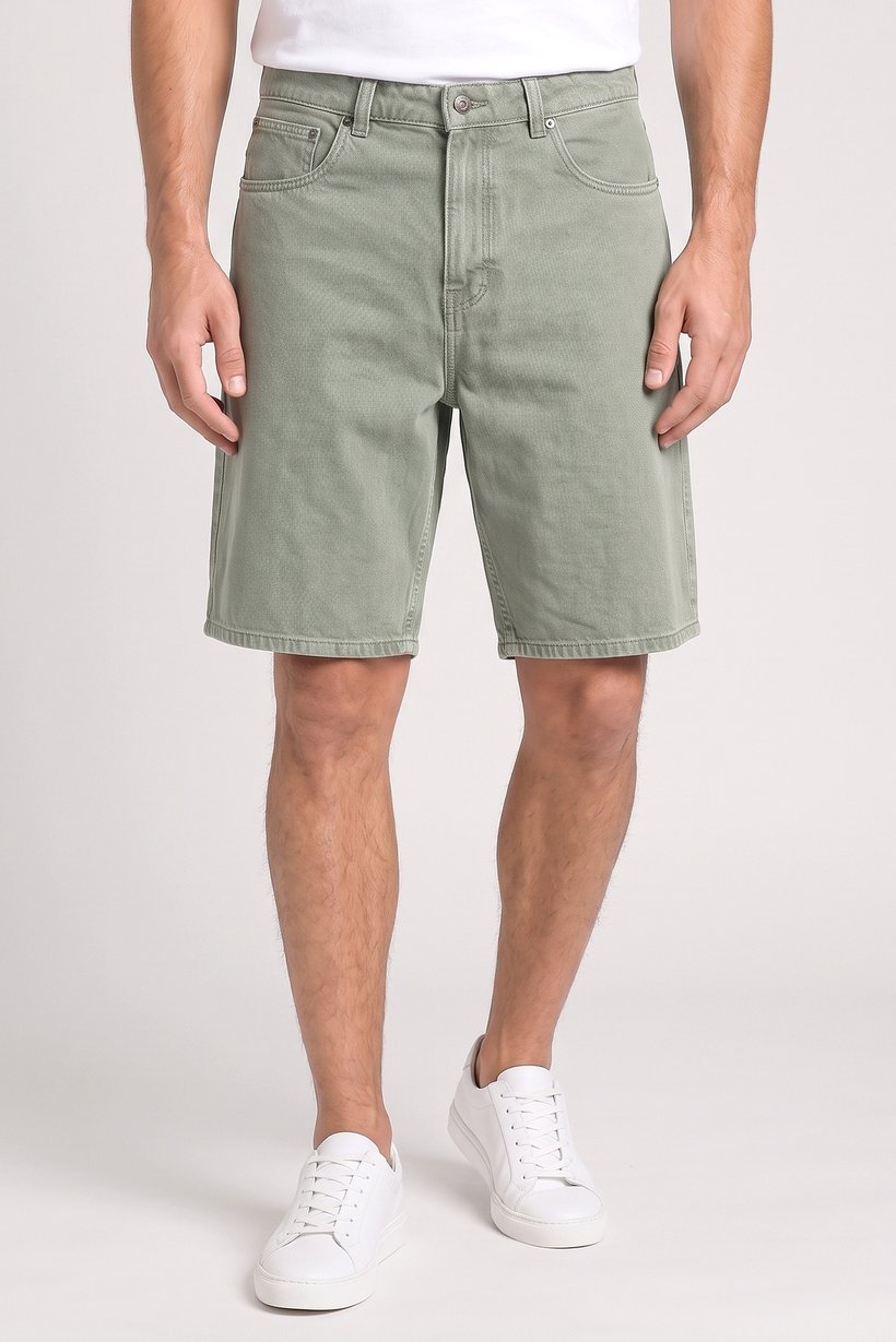 Men Solid Long Denim Shorts, Sage Green