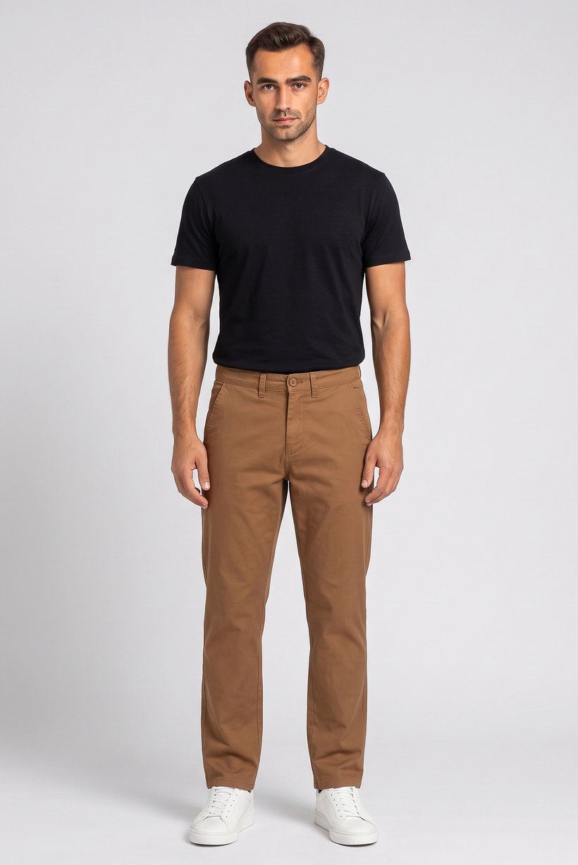 Men Regular Fit Solid Chino Pants, Dark Tan