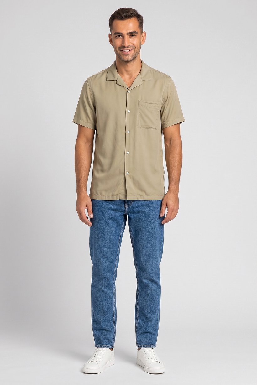 Men Regular Fit Plain Short Sleeve Casual Shirt, Light Olive