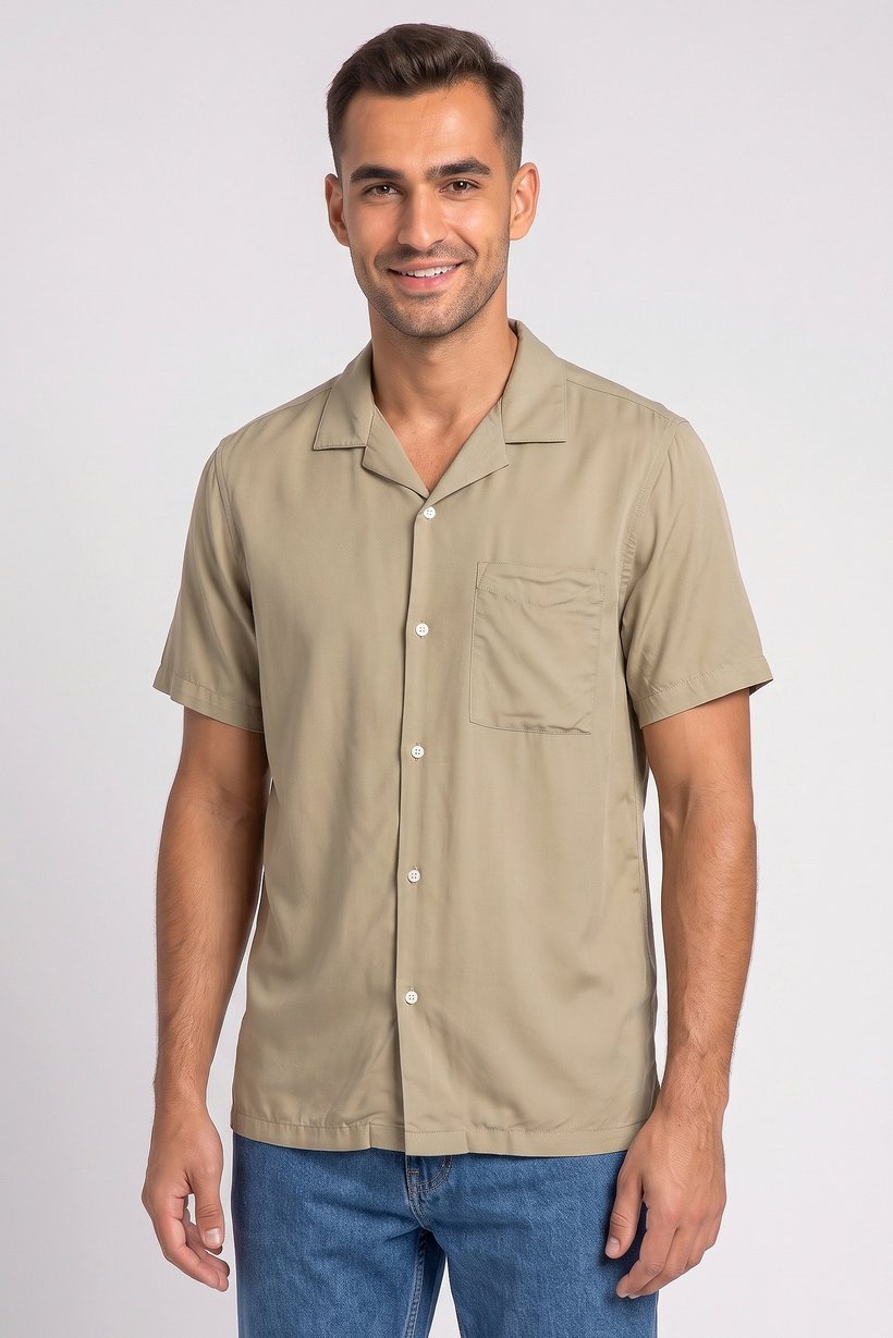 Men Regular Fit Plain Short Sleeve Casual Shirt, Light Olive