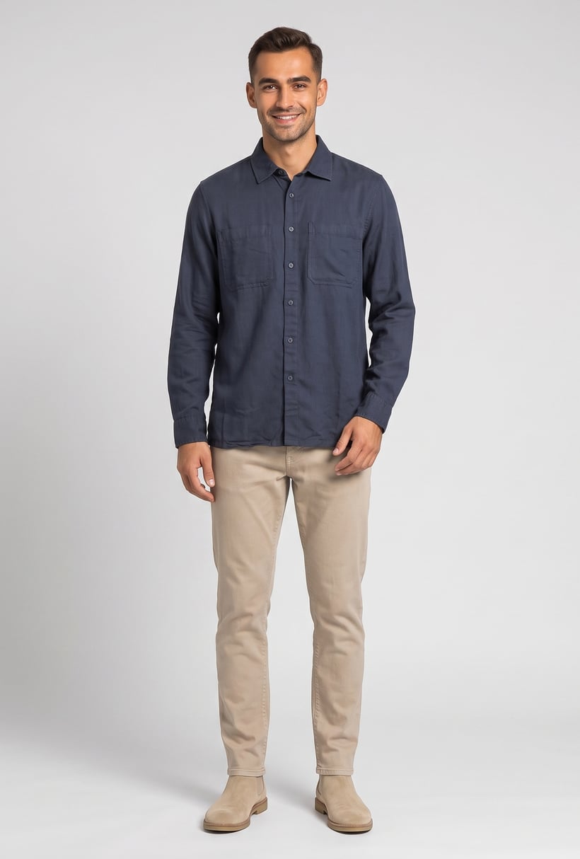 Men Regular Fit Plain Long Sleeve Casual Shirt, Navy