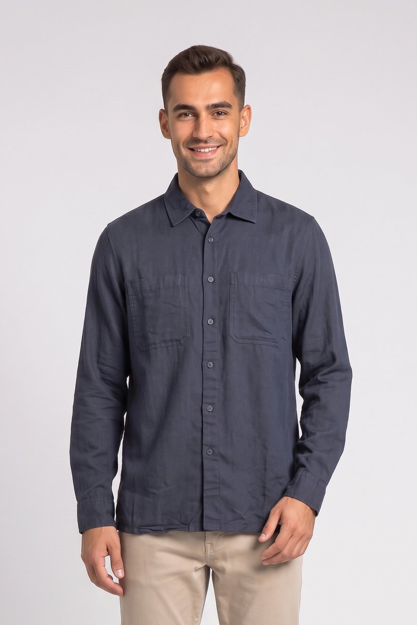 Men Regular Fit Plain Long Sleeve Casual Shirt, Navy