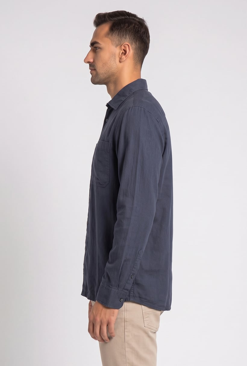 Men Regular Fit Plain Long Sleeve Casual Shirt, Navy