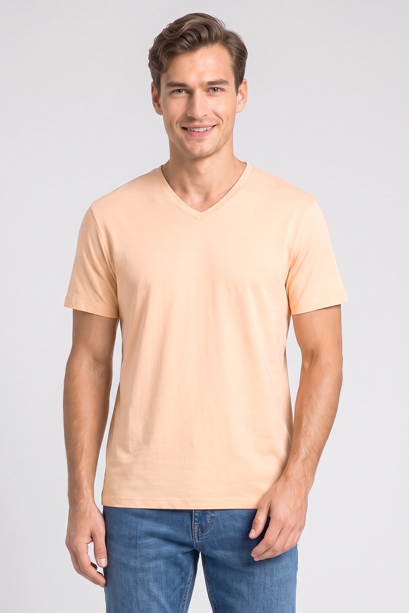 Men V-Neck Short Sleeve Plain T-Shirt, Peach