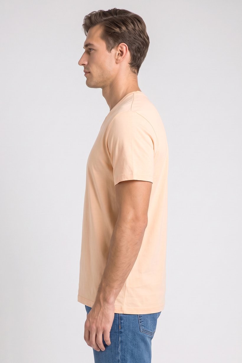 Men V-Neck Short Sleeve Plain T-Shirt, Peach