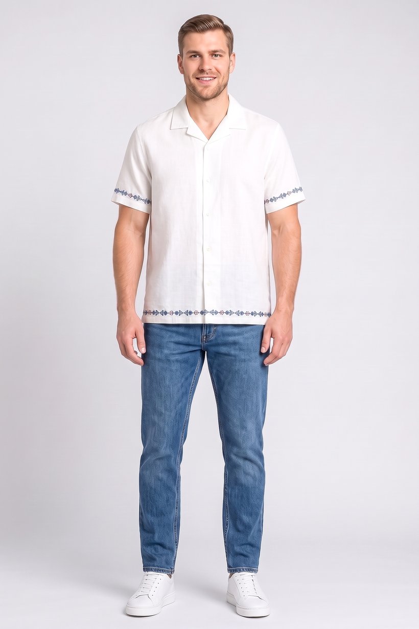 Men Relaxed Fit Embroidered Short Sleeve Casual Shirt, Off White