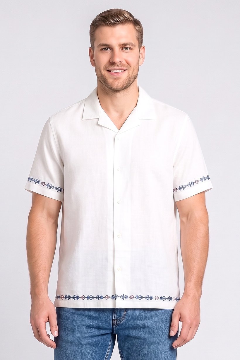 Men Relaxed Fit Embroidered Short Sleeve Casual Shirt, Off White