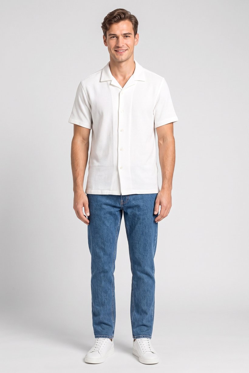 Men Regular Fit Short Sleeve Textured Casual Shirt, White