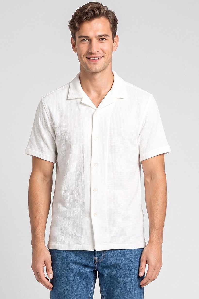 Men Regular Fit Short Sleeve Textured Casual Shirt, White