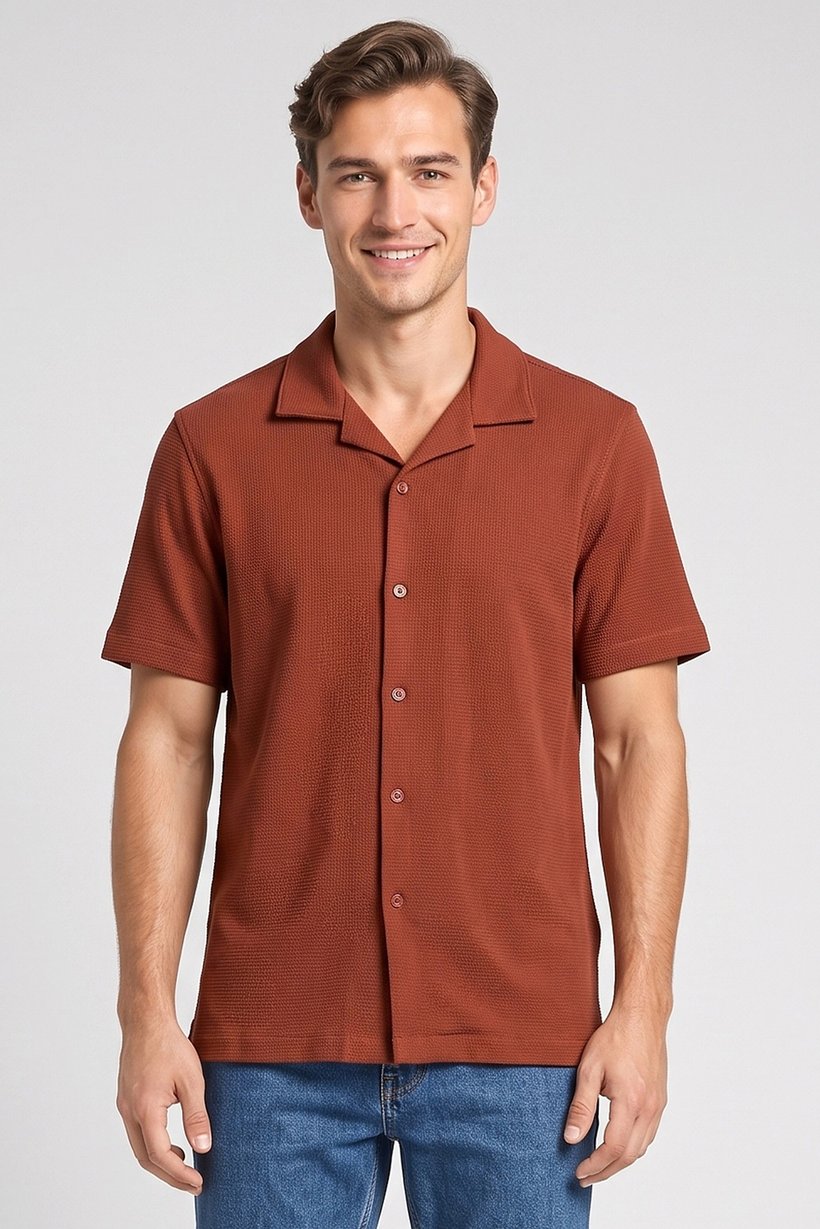Men Regular Fit Solid Short Sleeve Casual Shirt, Rust