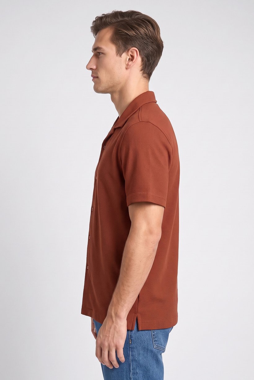 Men Regular Fit Solid Short Sleeve Casual Shirt, Rust