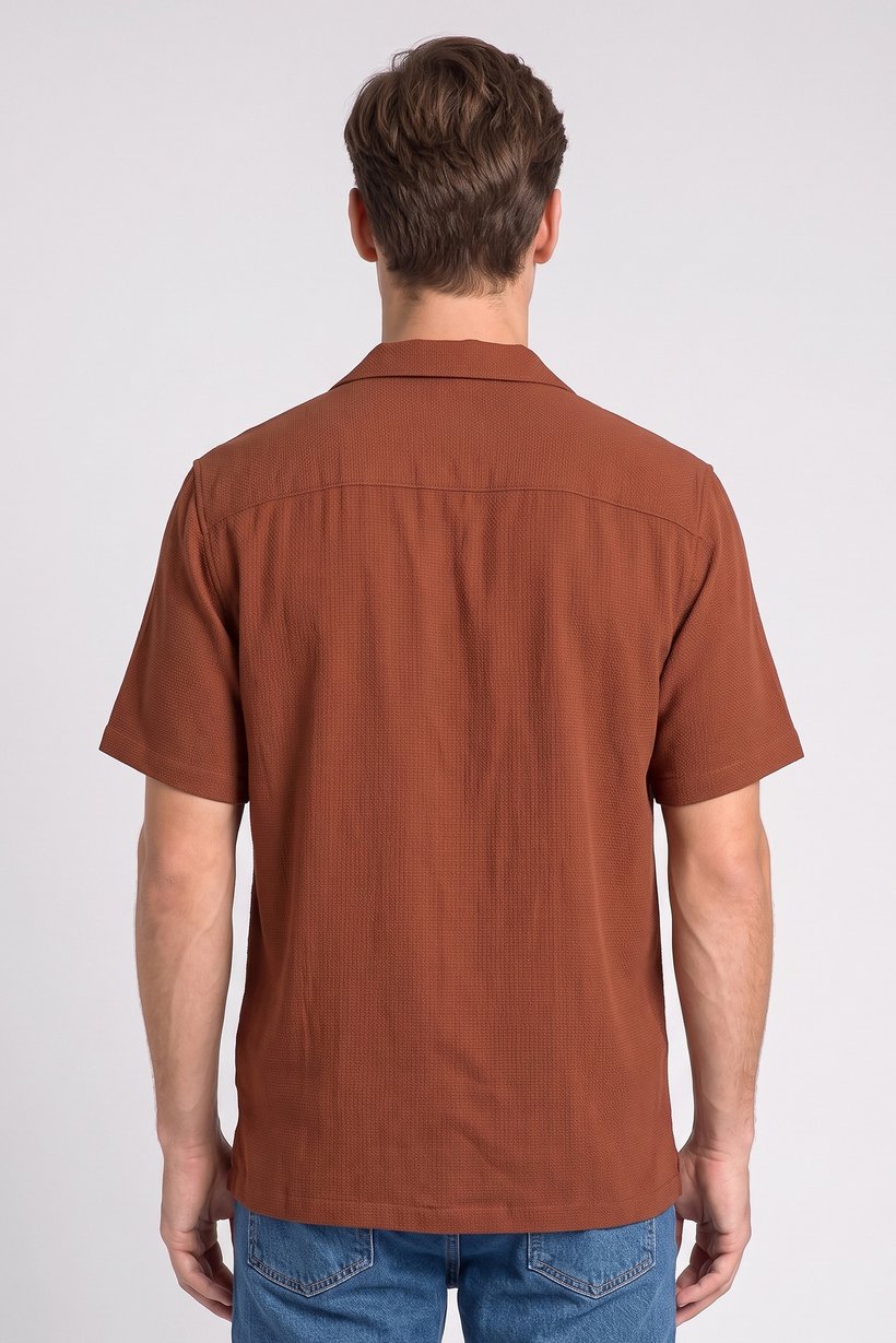 Men Regular Fit Short Sleeve Textured Casual Shirt, Rust