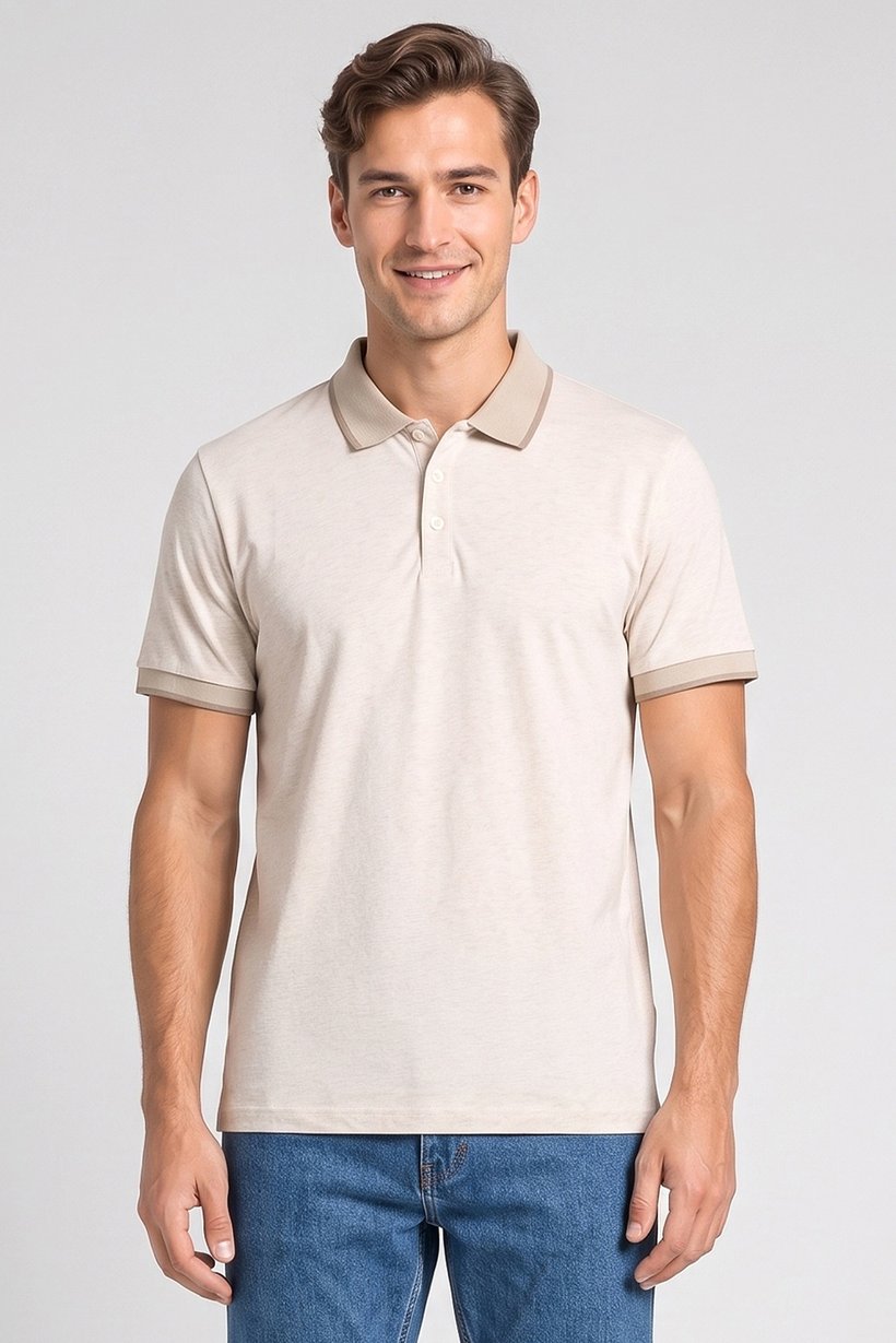 Men Regular Fit Short Sleeve Heather Polo Shirt, Beige