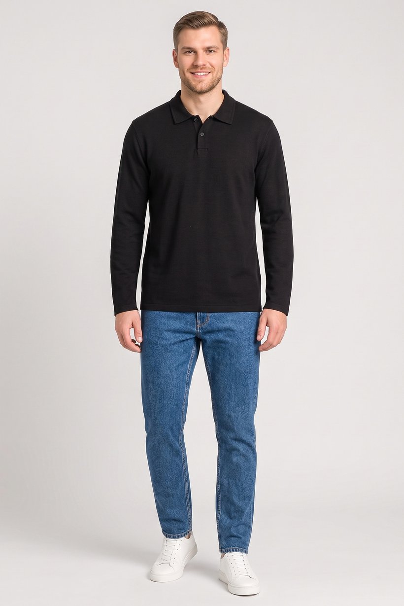 Men Regular Fit Long Sleeve Textured Polo Shirt, Black