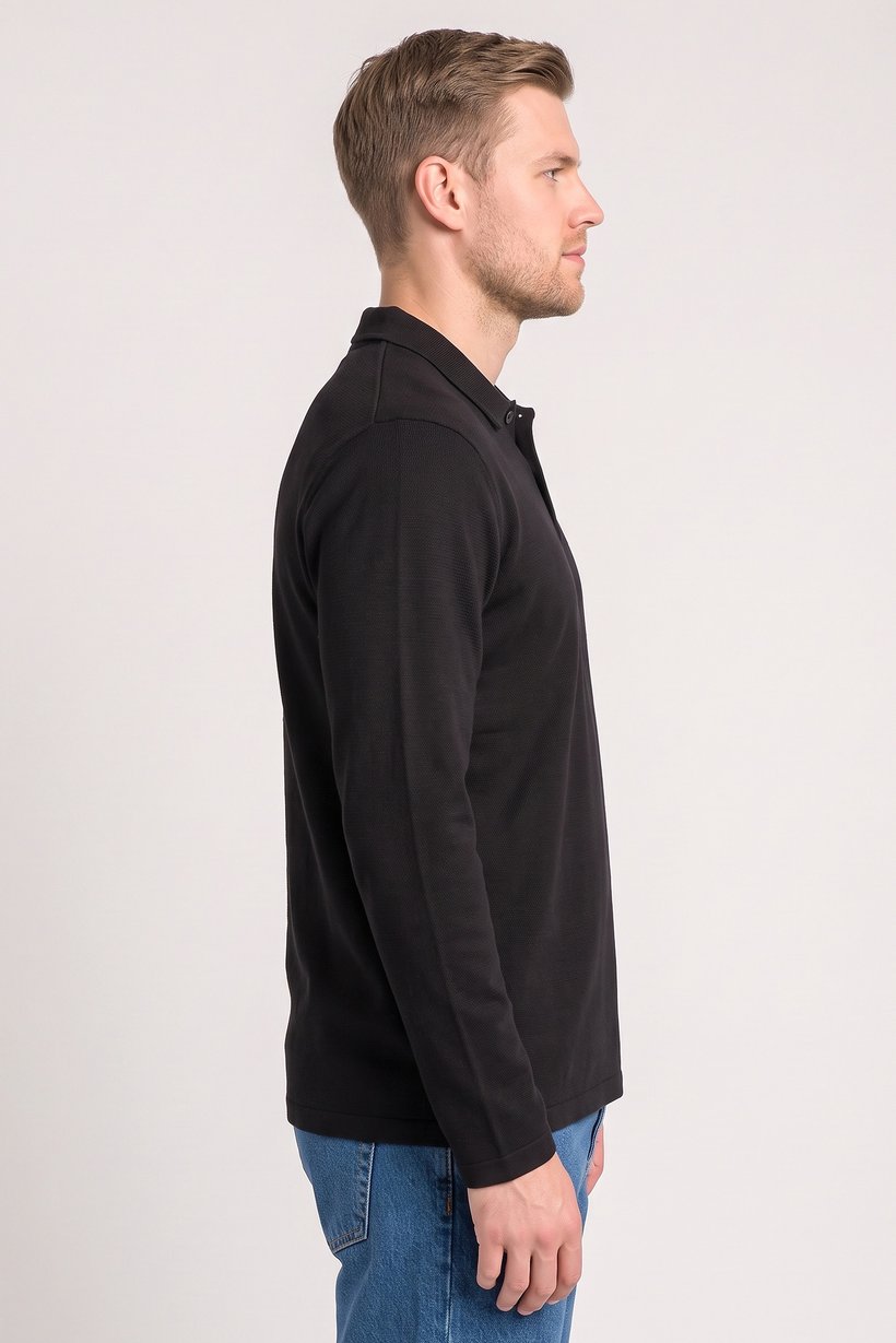 Men Regular Fit Long Sleeve Textured Polo Shirt, Black