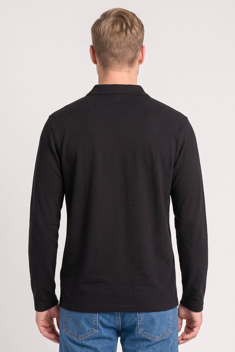 Men Regular Fit Long Sleeve Textured Polo Shirt, Black