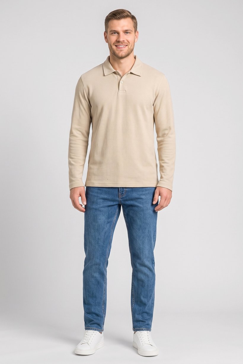 Men Regular Fit Long Sleeve Textured Polo Shirt, Beige