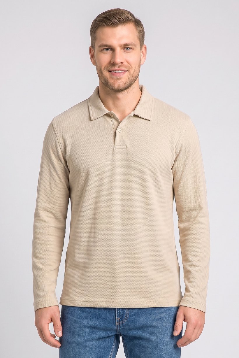 Men Regular Fit Long Sleeve Textured Polo Shirt, Beige