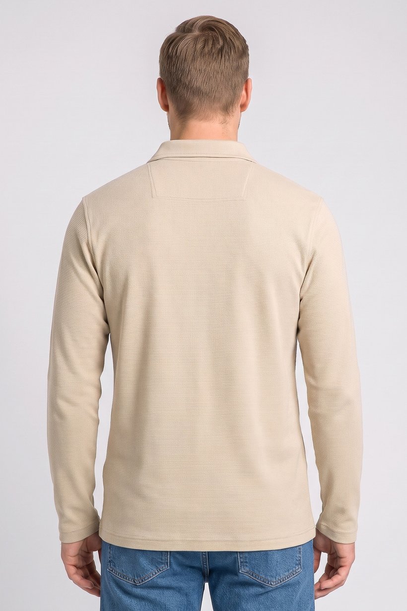 Men Regular Fit Long Sleeve Textured Polo Shirt, Beige