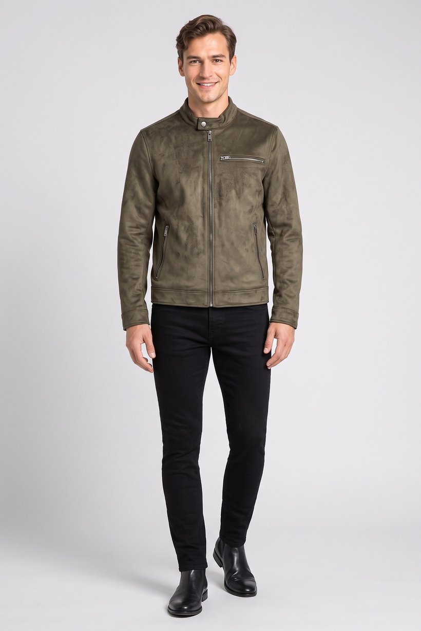 Men Solid Suede Chore Jacket, Dark Olive