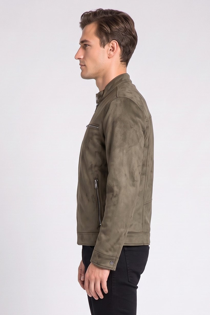 Men Solid Suede Chore Jacket, Dark Olive