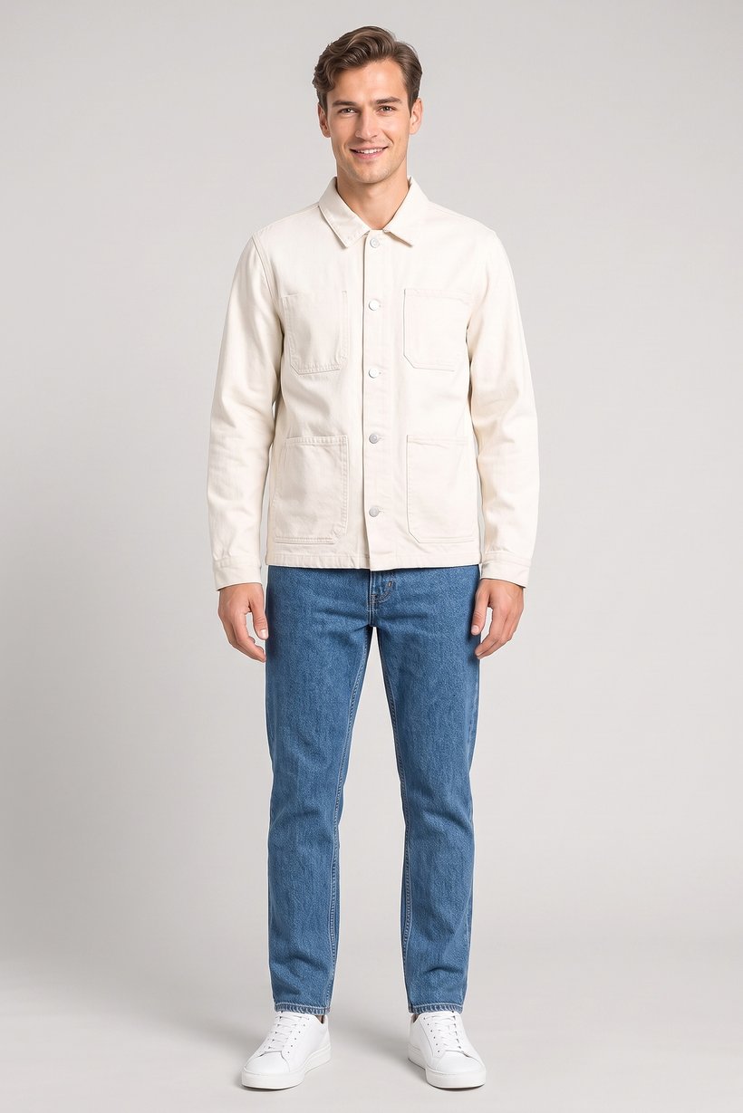 Men Plain Denim Jacket Shirt, Light Beige