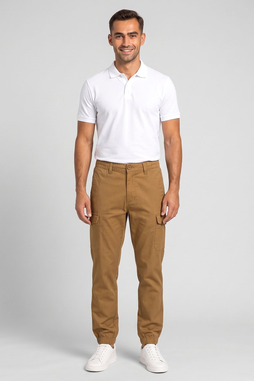 Men Straight Fit Solid Cargo Pants, Brown