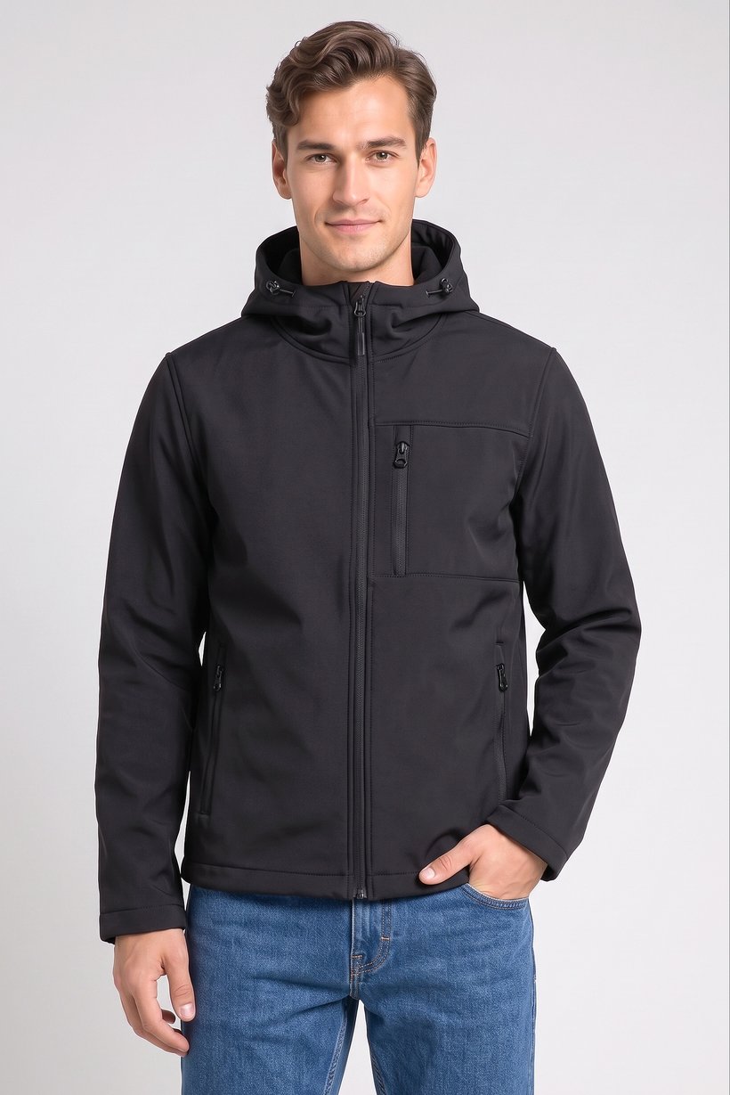 Men Solid Softshell Jacket, Black