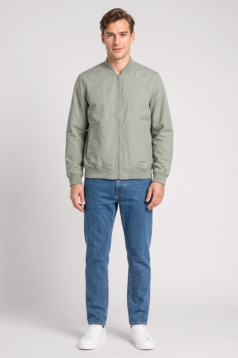 Men Solid Bomber Jacket, Light Green