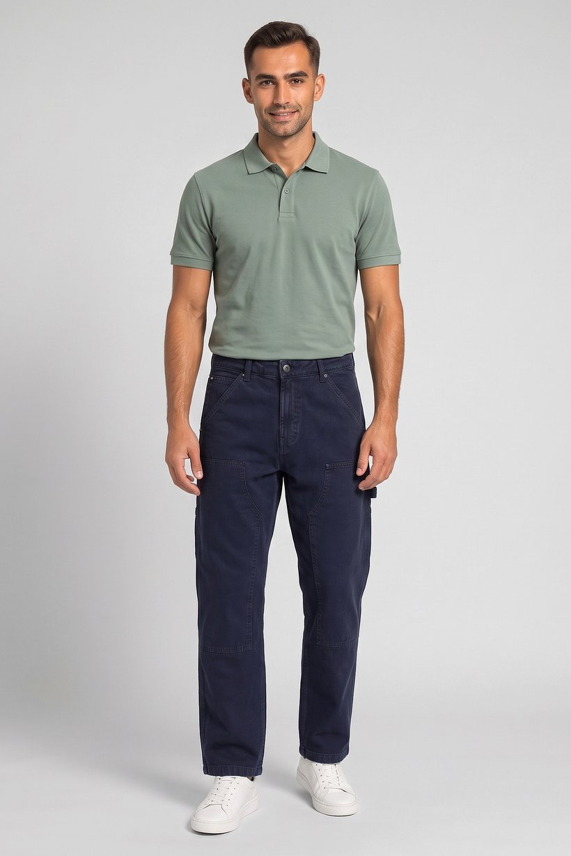 Men Baggy Fit Solid Cargo Pants, Navy Blue