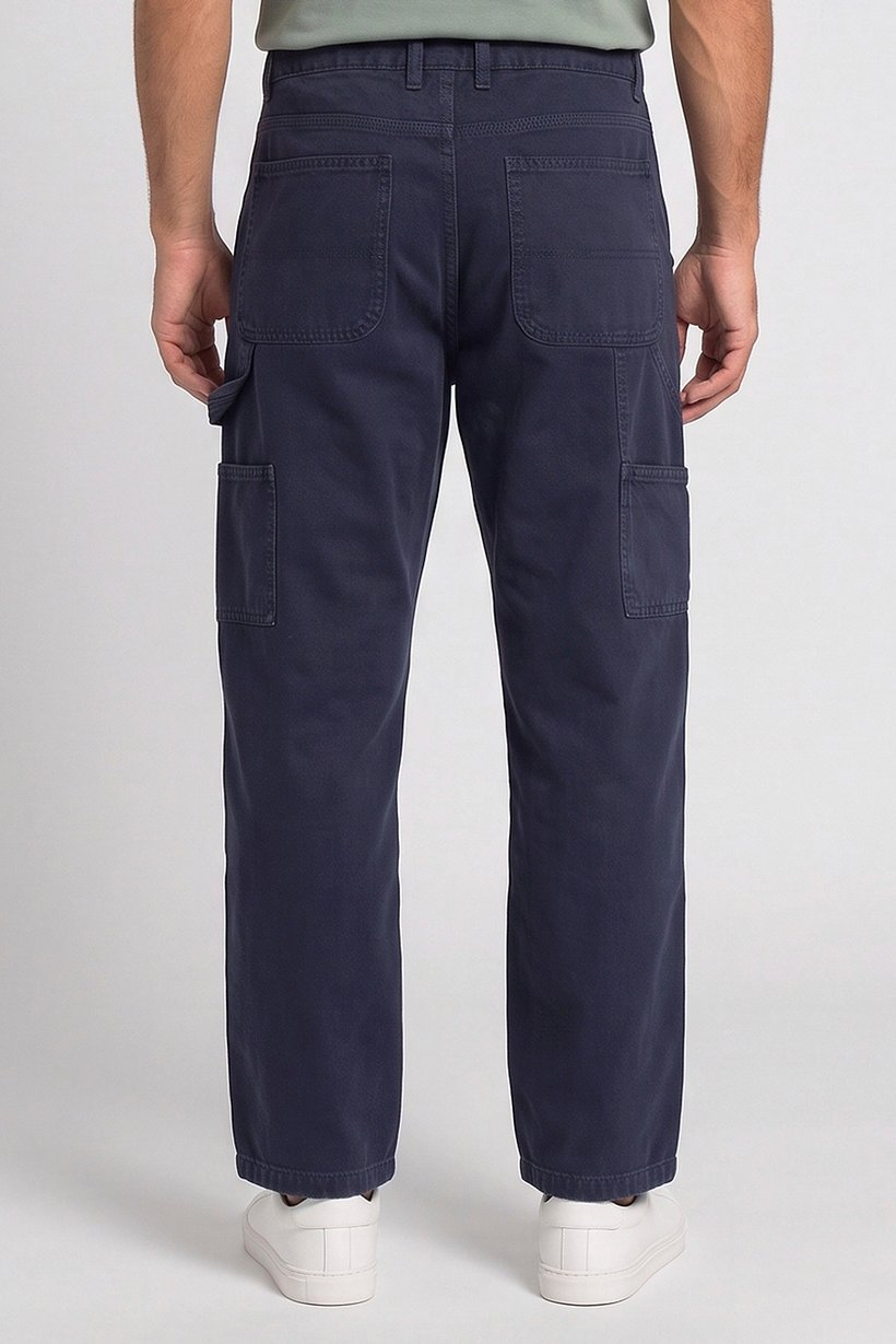 Men Baggy Fit Solid Cargo Pants, Navy Blue
