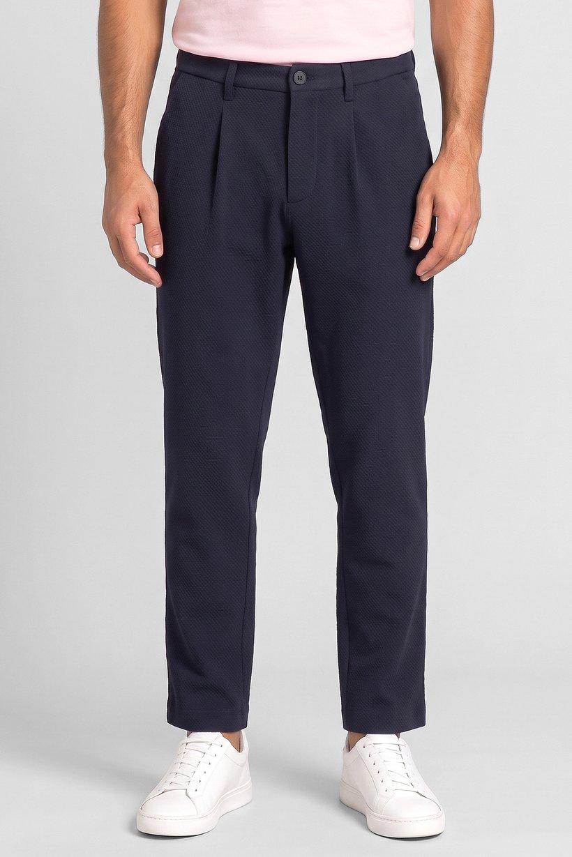 Men Slim Fit Textured Straight Leg Pants, Navy