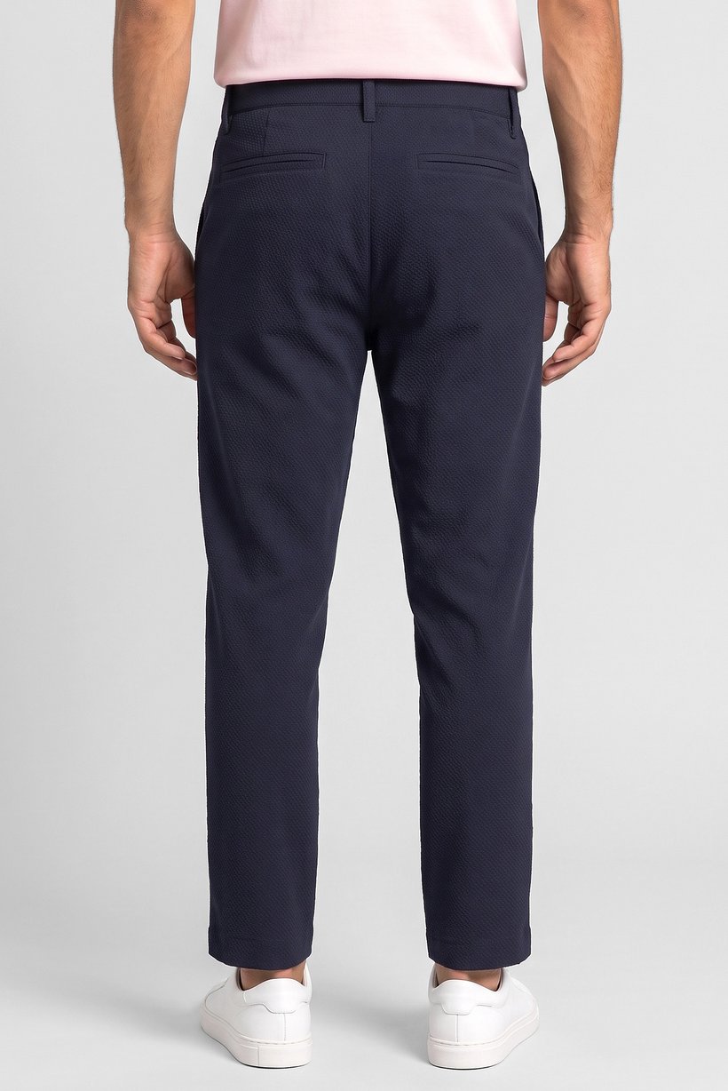 Men Slim Fit Textured Straight Leg Pants, Navy