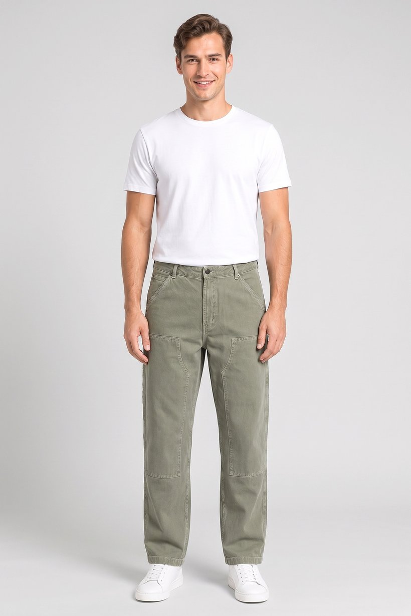 Men Baggy Fit Solid Cargo Pants, Olive