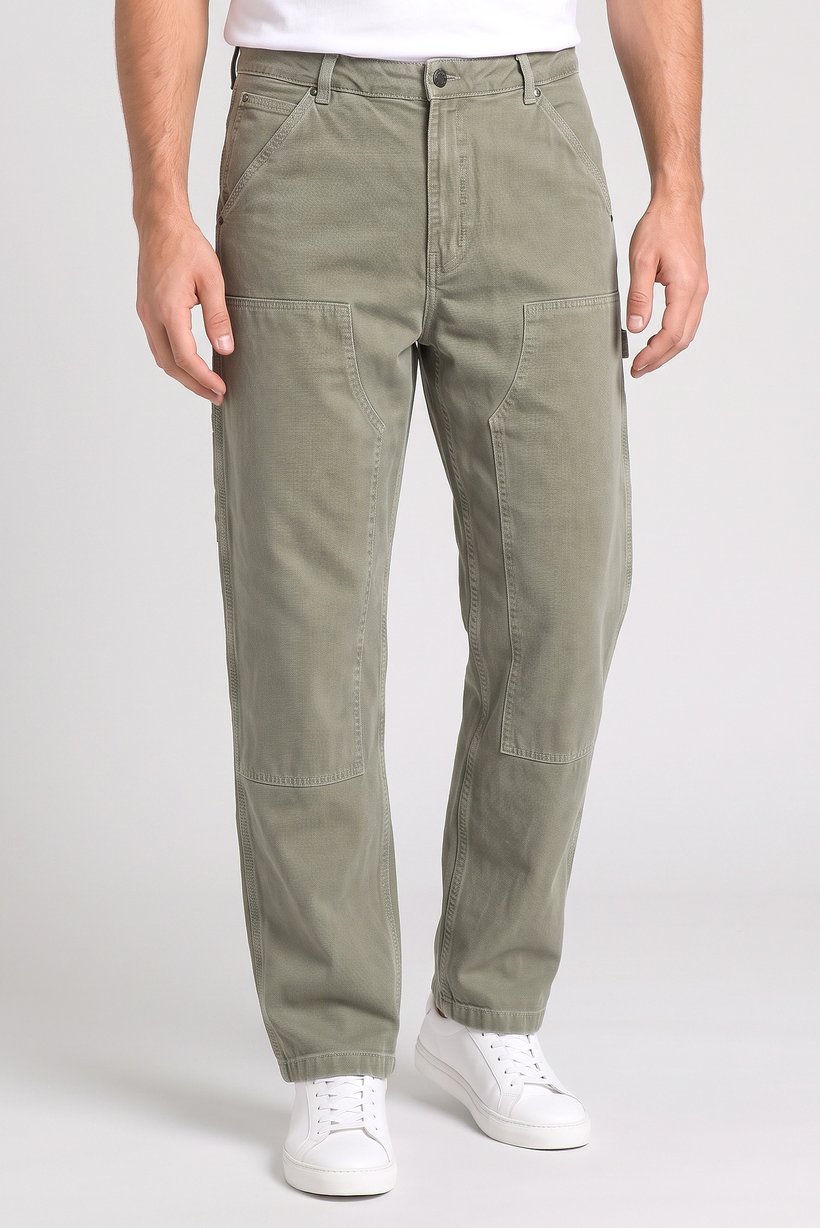 Men Baggy Fit Solid Cargo Pants, Olive