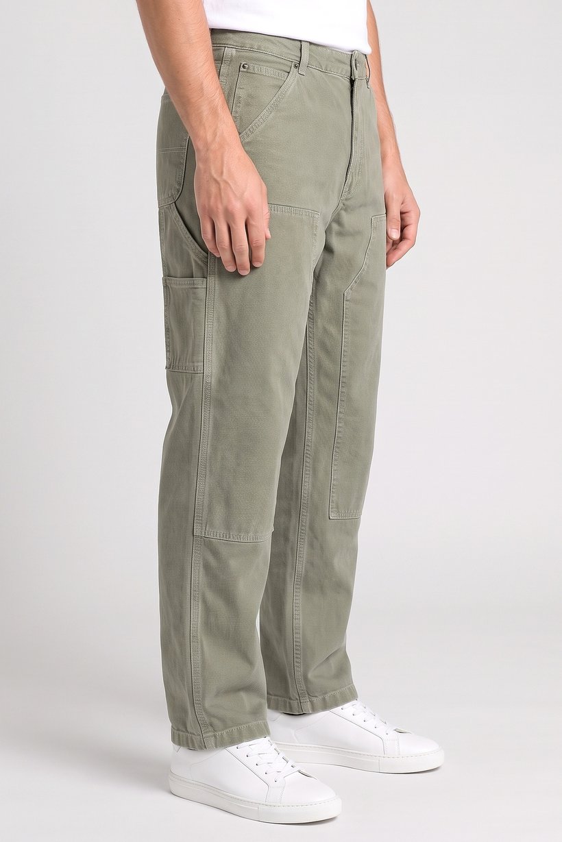 Men Baggy Fit Solid Cargo Pants, Olive