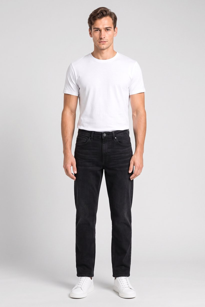 Men Loose Fit Washed Stretchable Jeans, Black