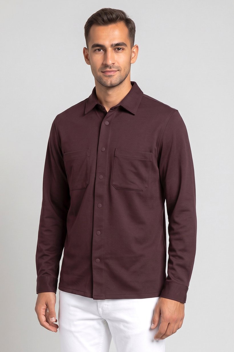 Men Regular Fit Long Sleeve Solid Casual Shirt, Maroon