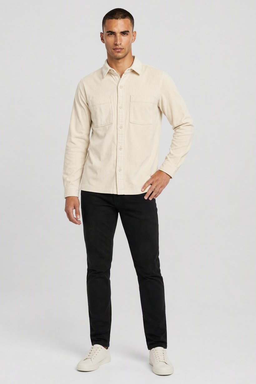 Men Regular Fit Long Sleeve Corduroy Casual Shirt, Ivory
