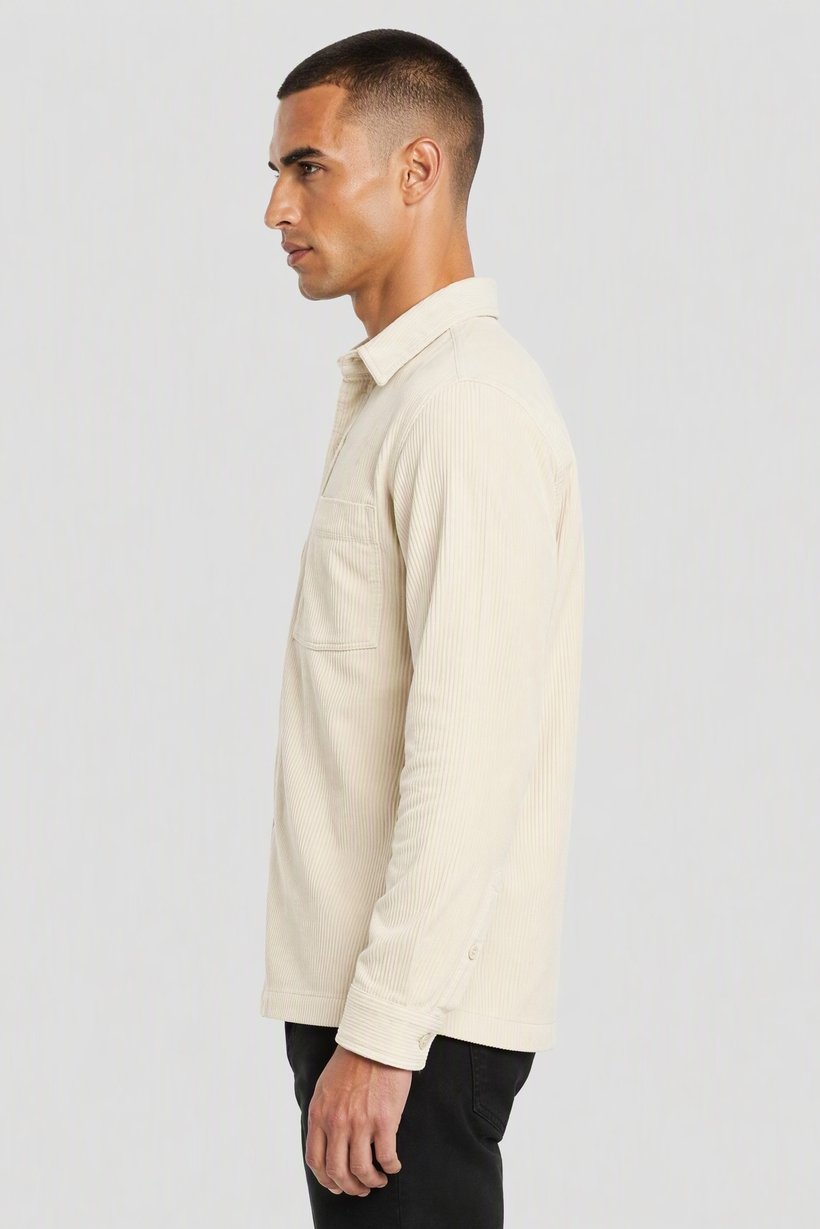 Men Regular Fit Long Sleeve Corduroy Casual Shirt, Ivory
