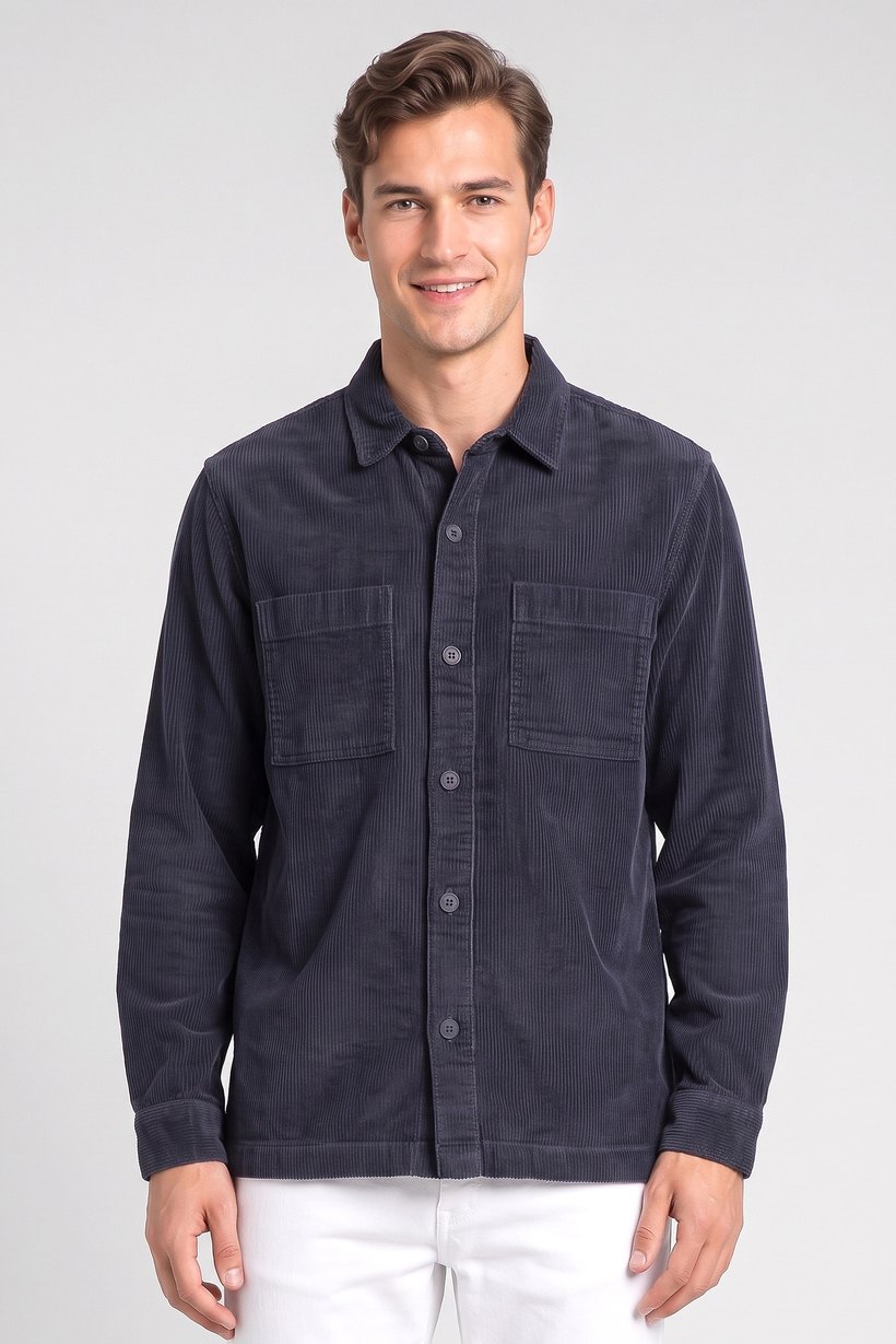 Men Oversized Fit Corduroy Long Sleeve Casual Shirt, Navy