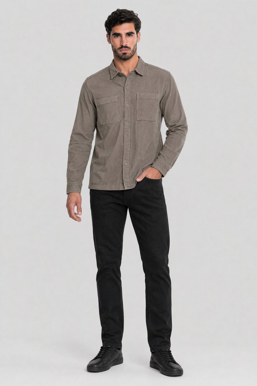 Men Regular Fit Long Sleeve Corduroy Casual Shirt, Grey