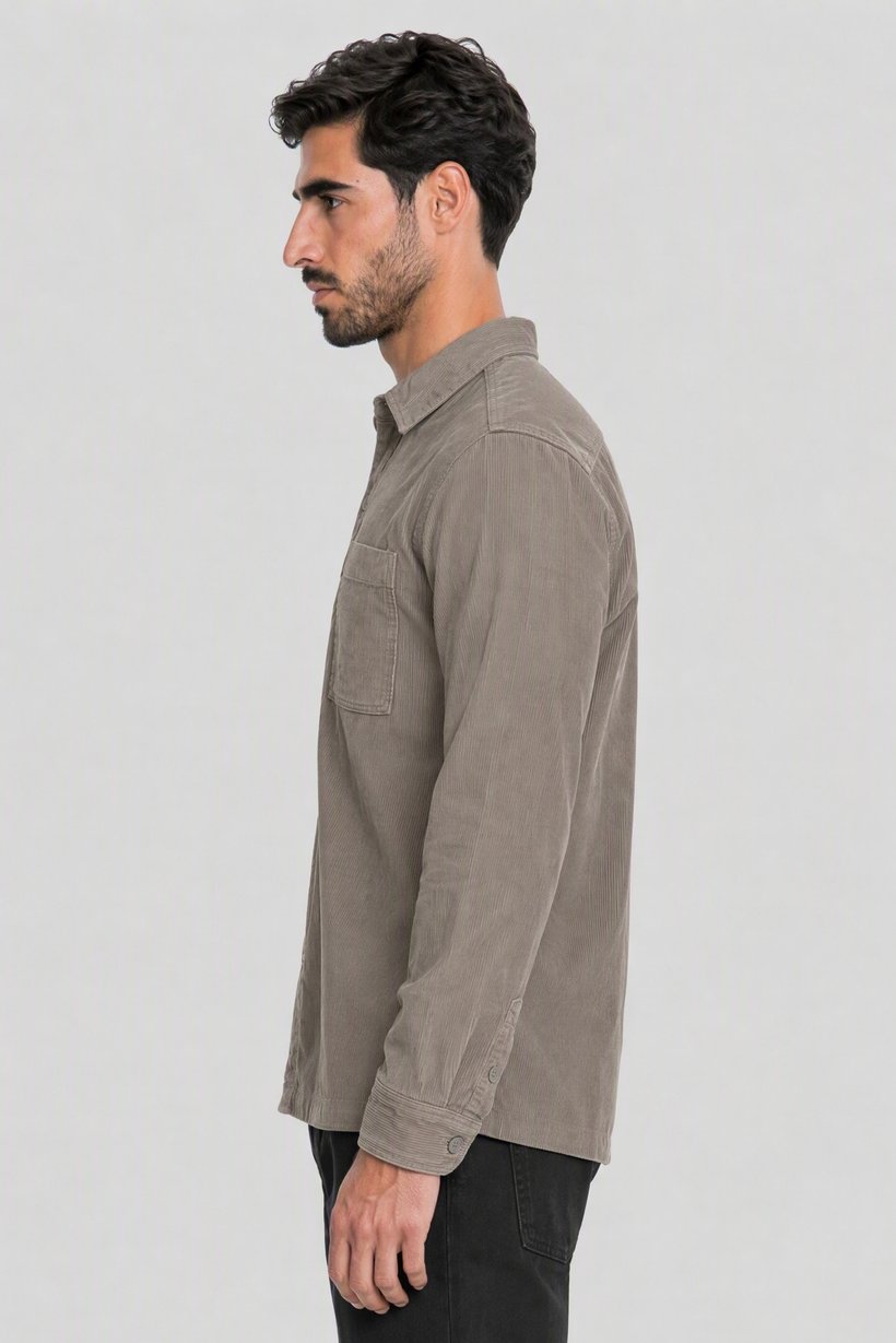Men Regular Fit Long Sleeve Corduroy Casual Shirt, Grey