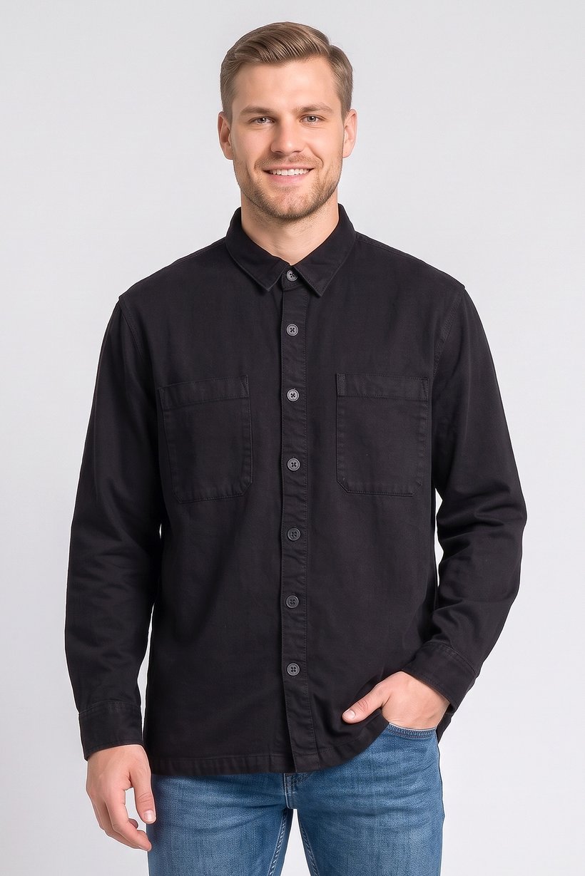 Men Regular Fit Plain Long Sleeve Casual Shirt, Black