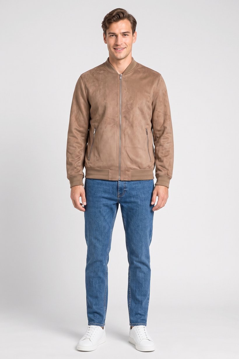 Men Solid Bomber Jacket, Light Brown