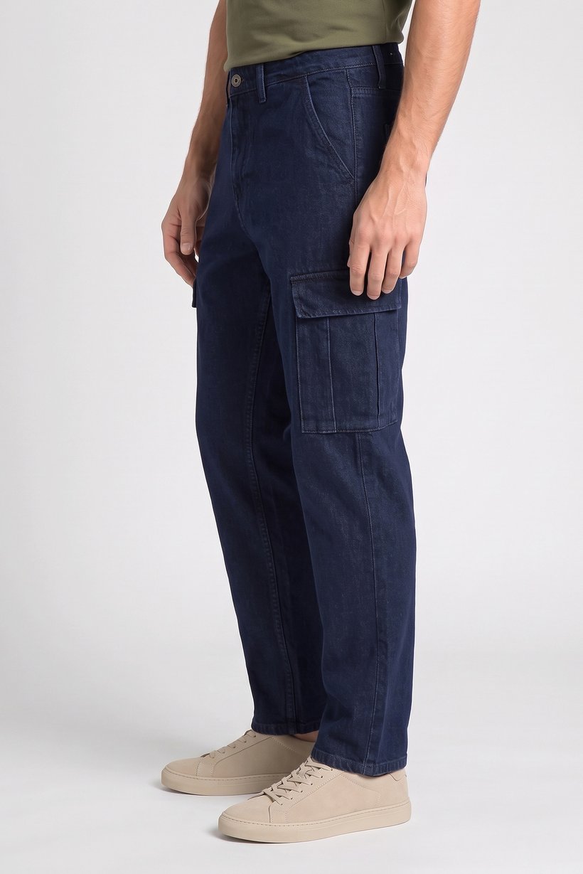 Men Baggy Fit Non Stretchable Cargo Jeans, Dark Navy