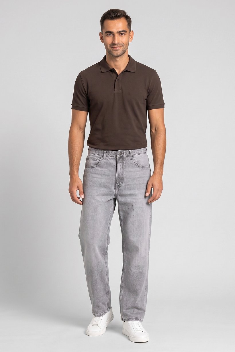 Men Baggy Fit Solid Non Stretchable Denim Jeans, Washed Grey