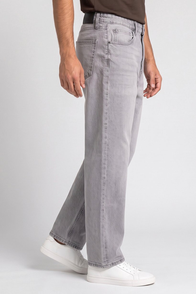 Men Baggy Fit Solid Non Stretchable Denim Jeans, Washed Grey